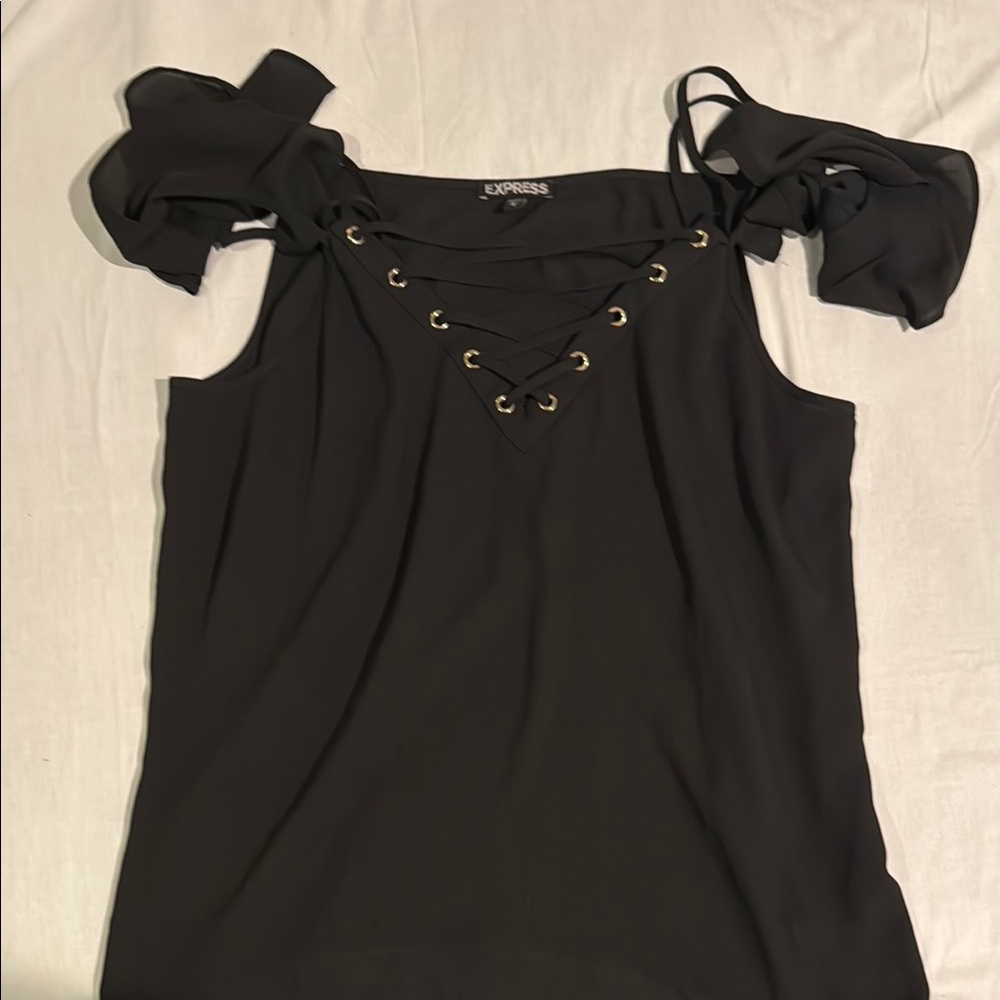 Express Black Lace-Up Blouse with Shoulder Detail